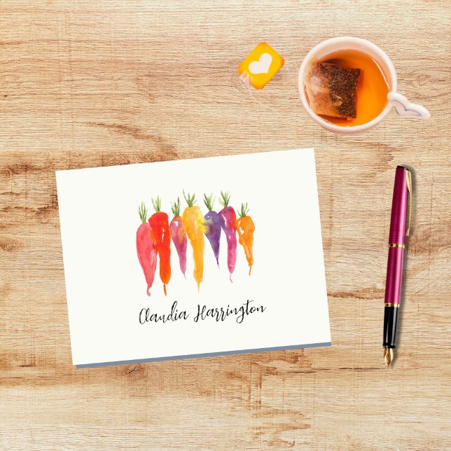 Bright Watercolor Carrots Hand-Drawn Botanical Note Card (These cute rainbow carrots can make it a pleasure to catch up on your correspondence!)