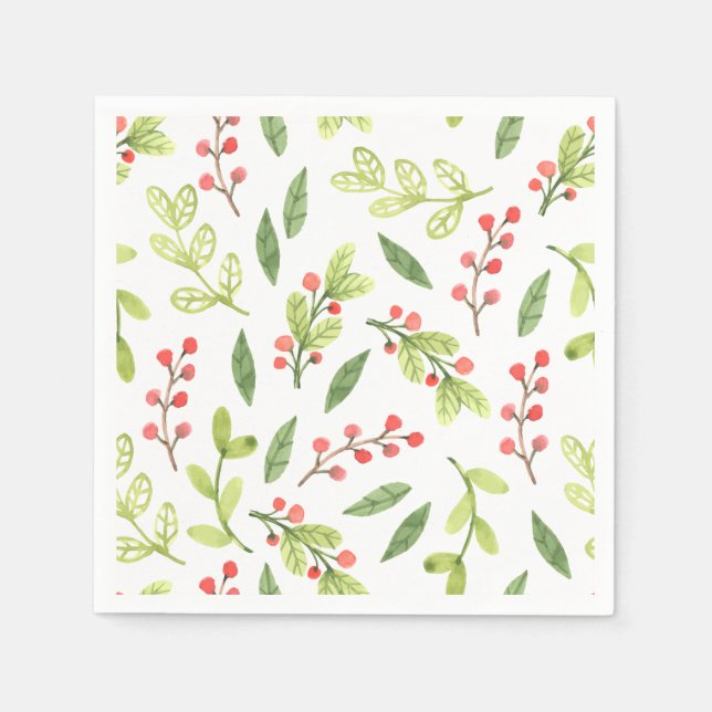 Bright Watercolor Christmas Mistletoe Pattern Napkin (Front)