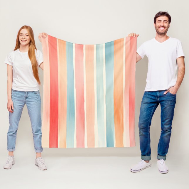 Bright Watercolor Colourful Stripe Pattern Fleece Blanket (In Situ)