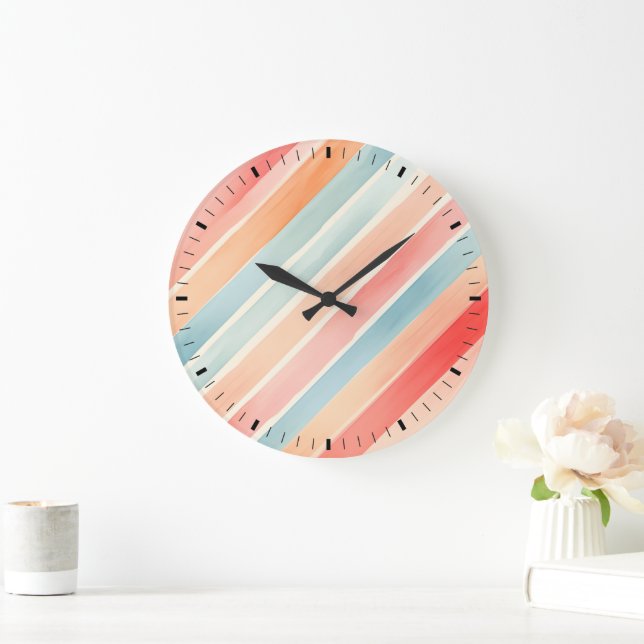 Bright Watercolor Colourful Stripe Pattern Large Clock (Home)