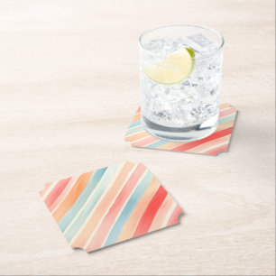 Bright Watercolor Colourful Stripe Pattern Paper Coaster