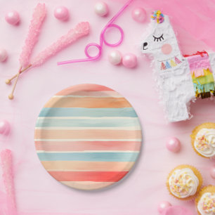 Bright Watercolor Colourful Stripe Pattern Paper Plate