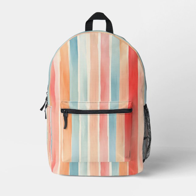 Bright Watercolor Colourful Stripe Pattern Printed Backpack (Front)