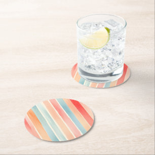 Bright Watercolor Colourful Stripe Pattern Round Paper Coaster