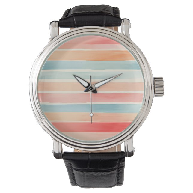 Bright Watercolor Colourful Stripe Pattern Watch (Front)