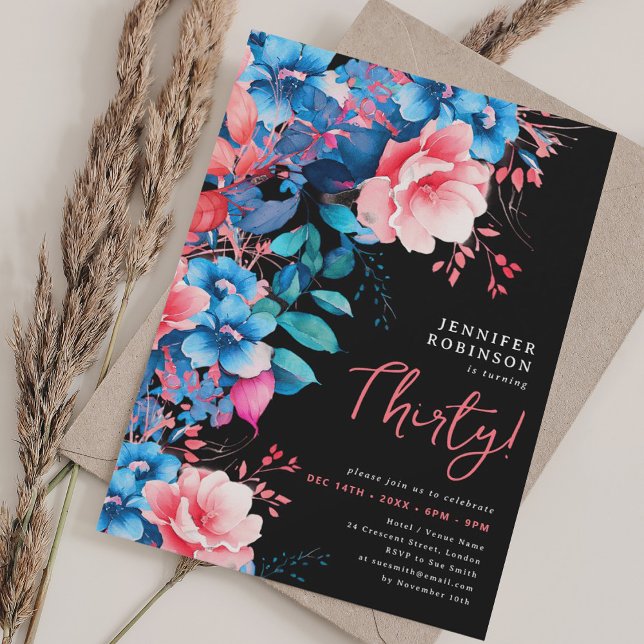 Bright Watercolor Floral 30th Birthday Black  Invitation (Bright Watercolor Floral 30th Birthday Black Invitation)