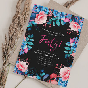 Bright Watercolor Floral 40th Birthday Black Invitation
