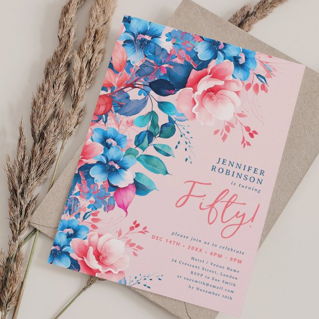 Bright Watercolor Floral 50th Birthday Blush Invitation (Bright Watercolor Floral 50th Birthday Blush Invitation)