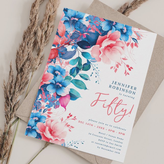 Bright Watercolor Floral 50th Birthday  Invitation (Bright Watercolor Floral 50th Birthday Invitation)