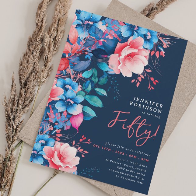 Bright Watercolor Floral 50th Birthday Navy  Invitation (Bright Watercolor Floral 50th Birthday Navy Invitation)