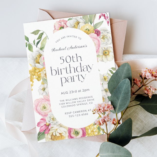 Bright Watercolor Floral 50th Birthday Party Invitation (Creator Uploaded)