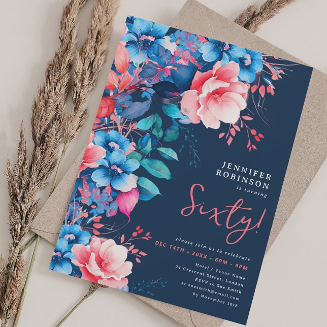 Bright Watercolor Floral 60th Birthday Navy  Invitation (Bright Watercolor Floral 60th Birthday Navy Invitation)