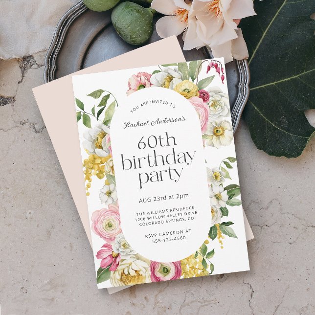 Bright Watercolor Floral 60th Birthday Party Invitation (This bright cheerful birthday invitation may be ordered as a paperless digital download or printed.)