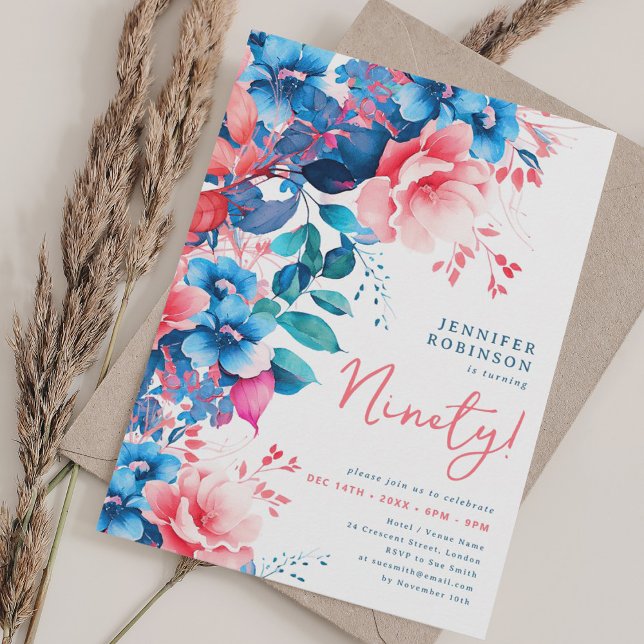 Bright Watercolor Floral 90th Birthday  Invitation (Bright Watercolor Floral 90th Birthday Invitation)