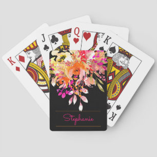 Bright Watercolor Floral + Modern Script Name Playing Cards
