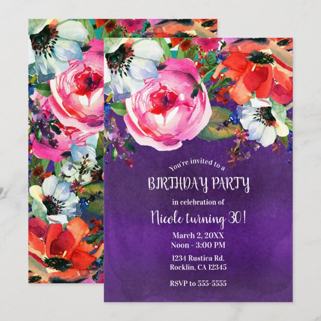 Bright Watercolor Floral Purple Birthday Party Invitation (Front/Back)