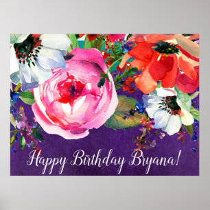 Bright Watercolor Floral Purple Chic Party Banner Poster
