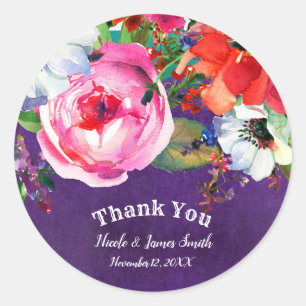 Bright Watercolor Floral Purple Party Chic Favour Classic Round Sticker