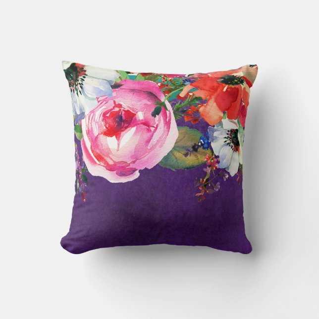 Bright Watercolor Floral Purple Party Chic Flowers Cushion (Front)