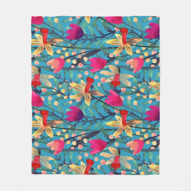 Bright Watercolor: Floral Seamless Design. Fleece Blanket (Front)