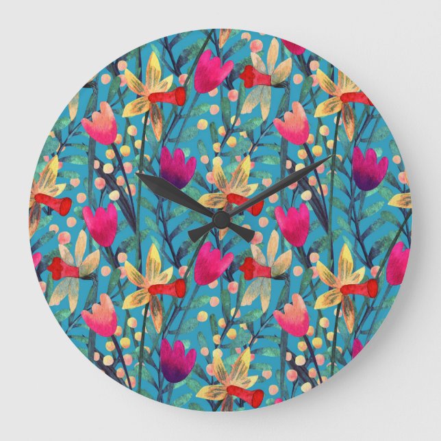 Bright Watercolor: Floral Seamless Design. Large Clock (Front)