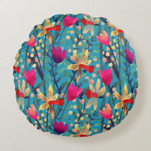 Bright Watercolor: Floral Seamless Design. Round Cushion
