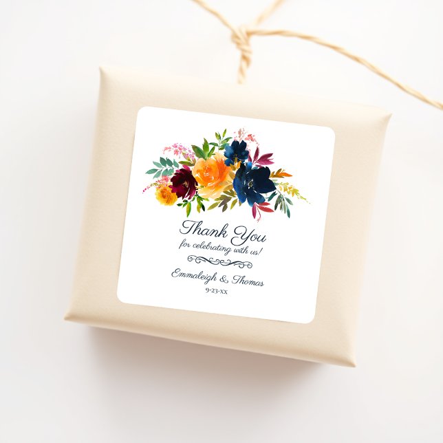 Bright Watercolor Floral Thank You Favour Square Sticker (Creator Uploaded)