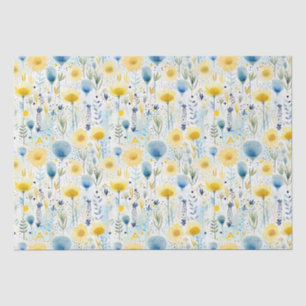 Bright Watercolor Floral Yellow and Blue Botanical Tissue Paper