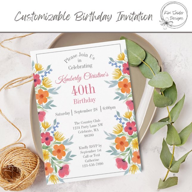 Bright Watercolor Florals 40th Birthday Invitation (Creator Uploaded)