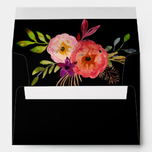 Bright Watercolor Flowers on Black Envelope