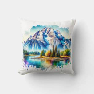 Bright watercolor Grand Teton National Park Wyomin Cushion
