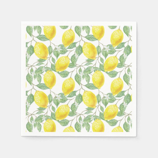 Bright Watercolor Lemons Citrus Greenery Summer Napkin (Front)