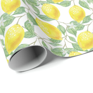 Bright Watercolor Lemons Citrus Greenery Summer Wrapping Paper
