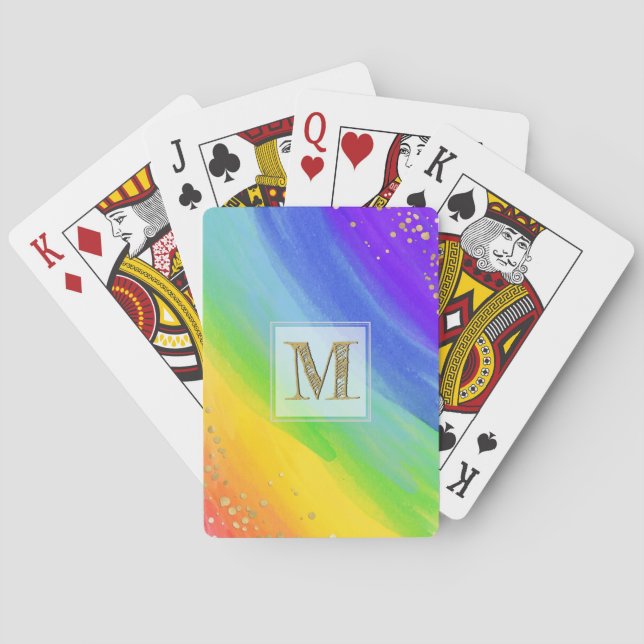 Bright Watercolor Rainbow and Gold Monogram Playing Cards (Back)