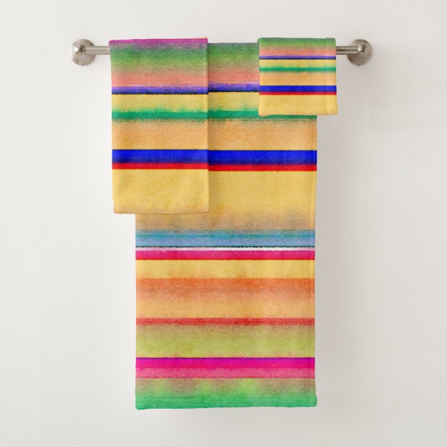 Bright watercolor stripes bath towel set (Insitu)
