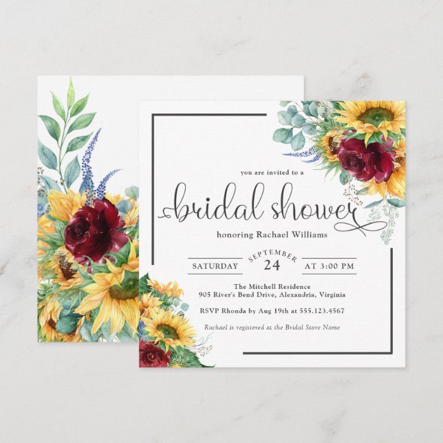 Bright Watercolor Sunflowers Bridal Shower Invitation (Front/Back)