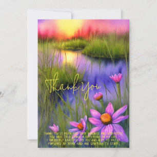 Bright watercolor sunset pond and flowers custom card