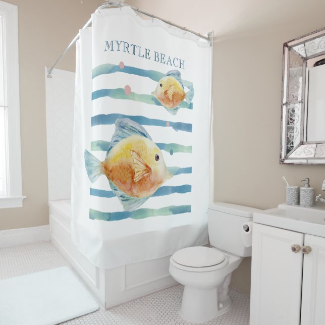 BRIGHT WATERCOLOR TROPICAL FISH,  BEACH VACATION  SHOWER CURTAIN (In Situ)