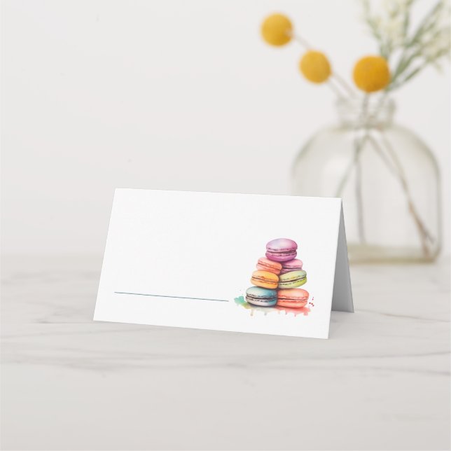 Bright watercolorful macaroons name place card (Front)