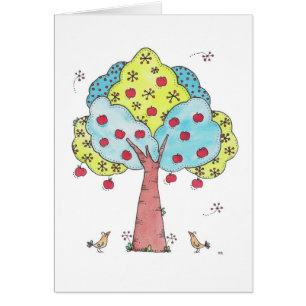 Bright Whimsical Apple Tree with Birds Design