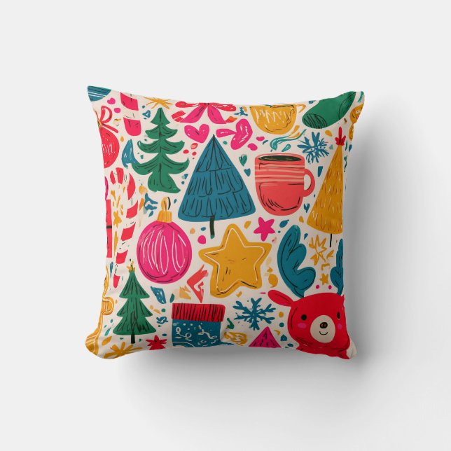 Bright & Whimsical Christmas Doodle Pattern Cushion (Front)