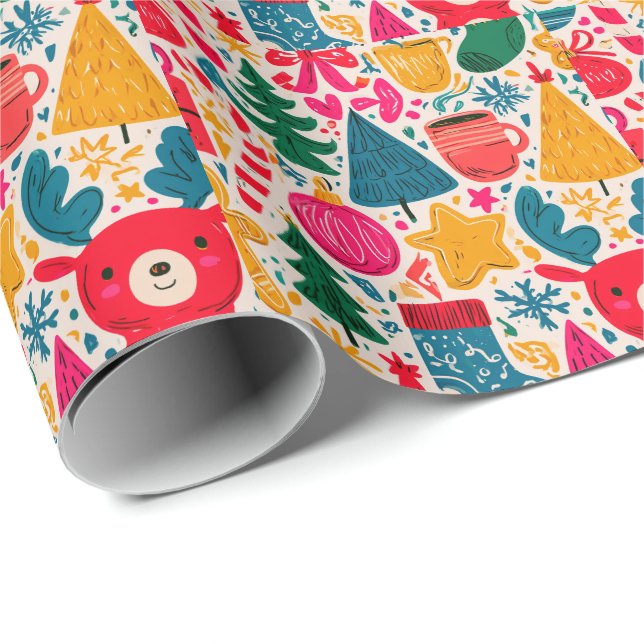 Bright & Whimsical Christmas Doodle Pattern Wrapping Paper (Roll Corner)
