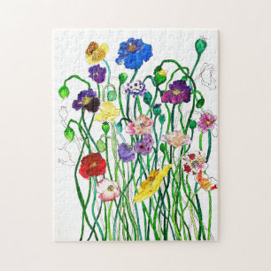 Bright Whimsical Colourful Wild Poppy Watercolour  Jigsaw Puzzle