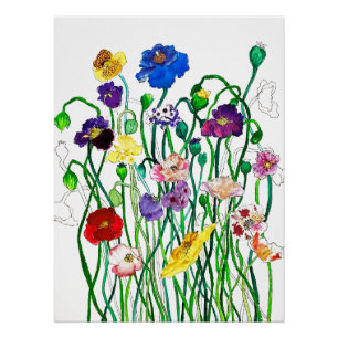 Bright Whimsical Colourful Wild Poppy Watercolour Poster