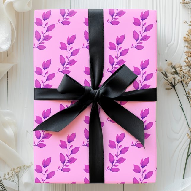 Bright & Whimsical Pink Watercolor Botanical Leaf Wrapping Paper Sheet (Creator Uploaded)