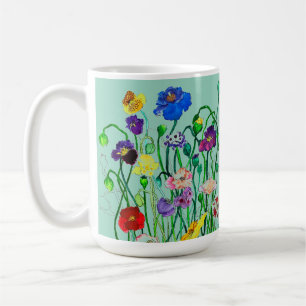 bright whimsical wild poppy watercolour coffee mug