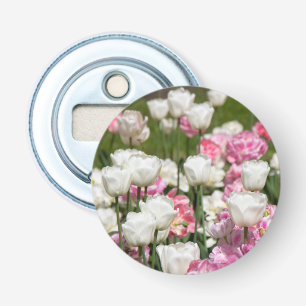 Bright white and pink tulips on a sunny day bottle opener