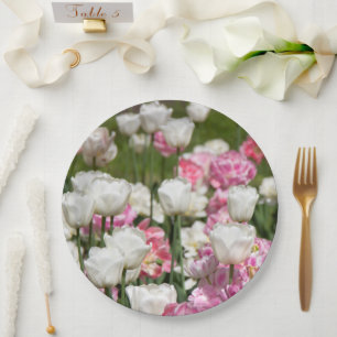 Bright white and pink tulips on a sunny day paper plate