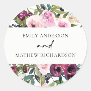 BRIGHT WHITE BLUSH BURGUNDY FLORAL BUNCH WEDDING CLASSIC ROUND STICKER