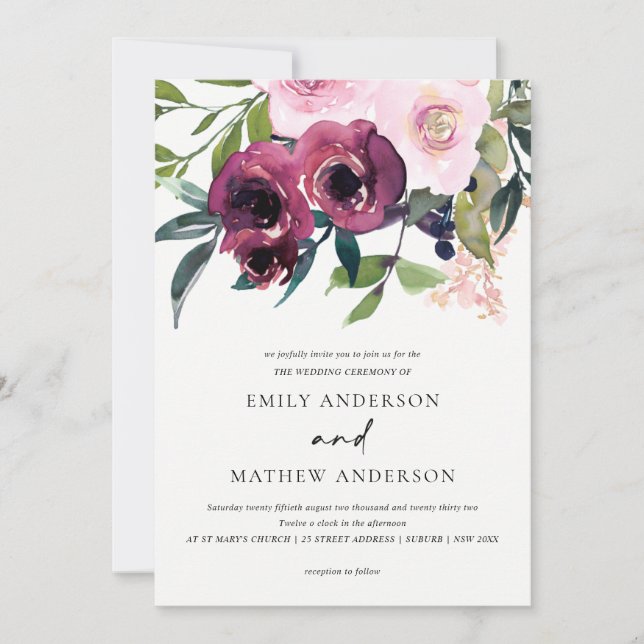 BRIGHT WHITE BLUSH BURGUNDY FLORAL BUNCH WEDDING INVITATION (Front)